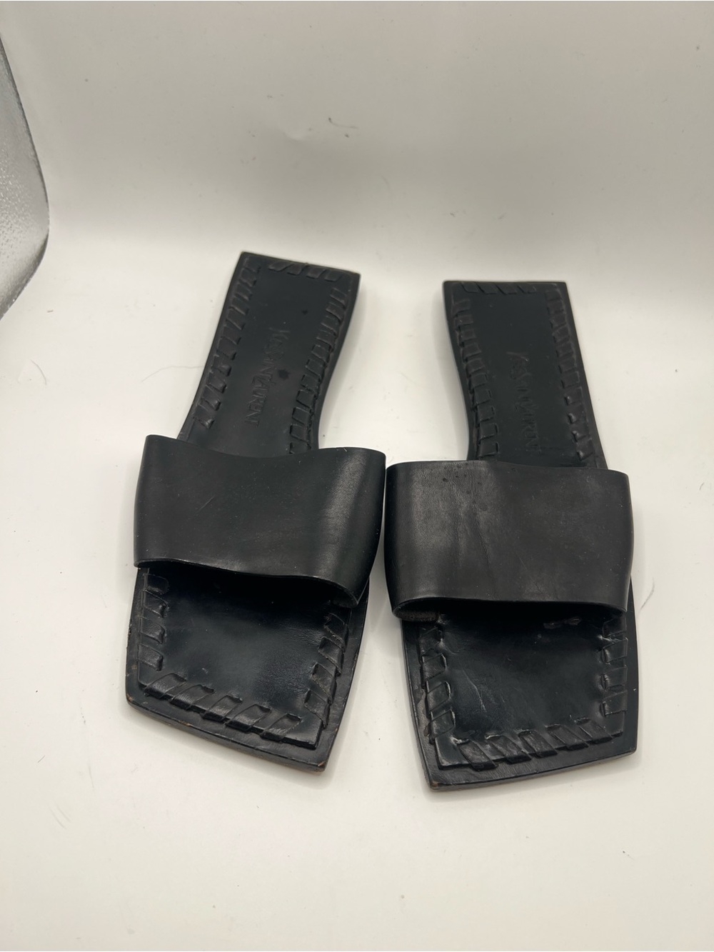 Yves Saint Laurent Black Leather Square-Toe Slide Sandals